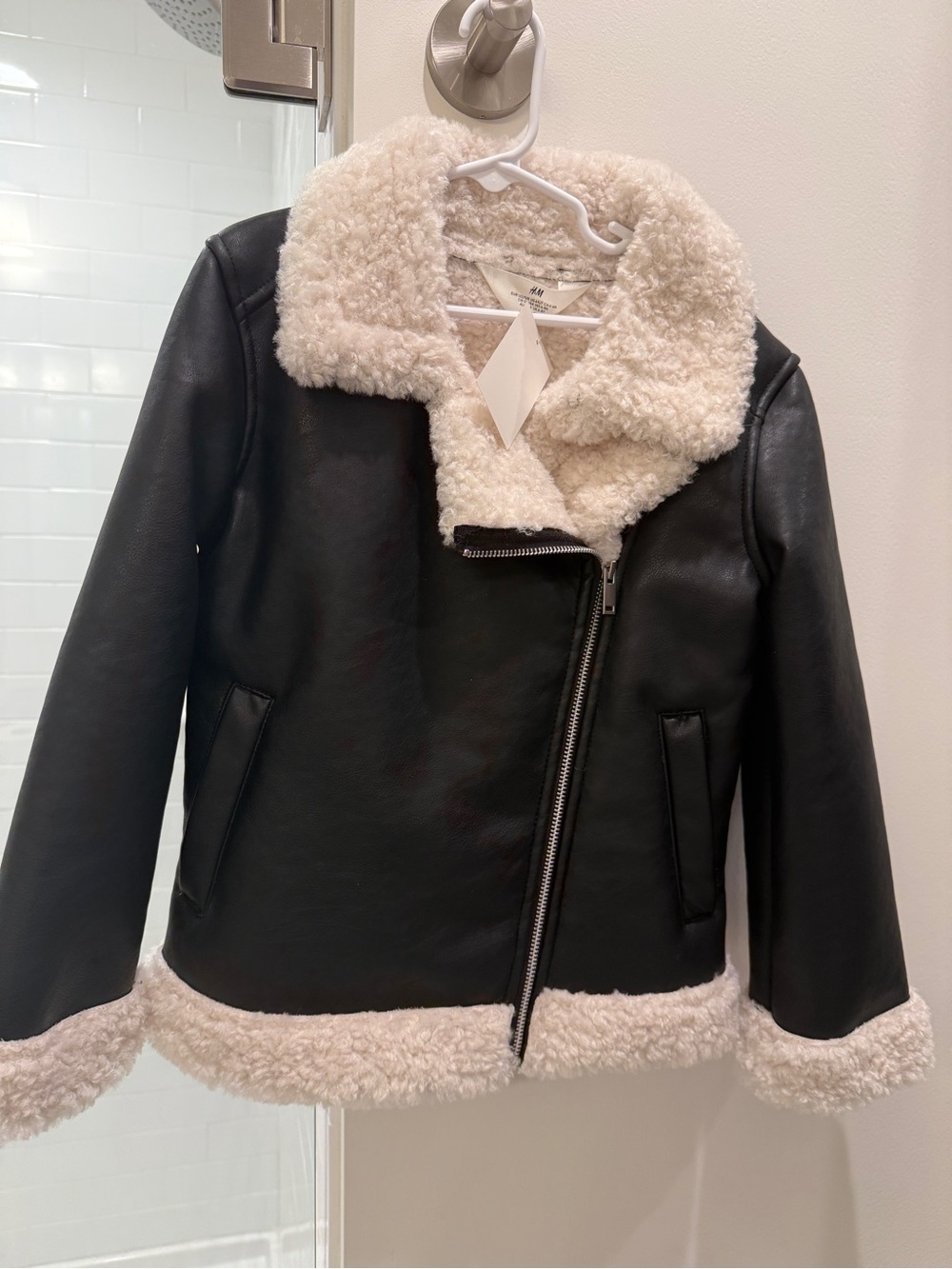 H&M Black Faux Leather Jacket with Cream Shearling Trim